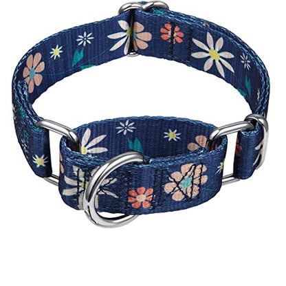 Martingale Collar Floral Print Dog Collar - No Pull Pet Collar, Heavy Duty Adjustable Dog Collar, Medium, Neck 14 Inch -21 Inch, Elegant Flowers (Dark Blue) - color: Dark Blue - Flowers, size: Medium: 14"-21", 1" Wide