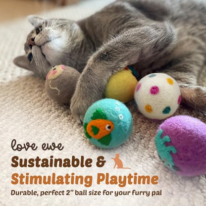 Hustle & Blush Love Ewe Felted Cat Toys 3 Pack - 3 Inch Fish w/Bell & 2 Inch Ball Hand Made Cute & Fun Design Kitten Wool Felt Balls for Indoor Play & Exercise -100% New Zealand Handmade Felted Balls - color: Fish & ball