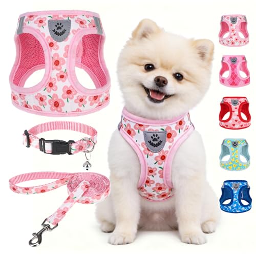 SCENEREAL Small Dog Harness and Leash Collar Set, Step in Soft Light Puppy Vest, Breathable Pet Harness for Small Sized Dogs, No Chock Reflective for Safe Outdoor Walking, Pink Flower S - color: Pink Flower, size: S: Chest Girth: 14.5"-16"