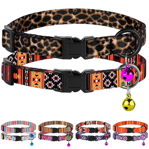 2 Pack Cat Collars with Bell - Breakaway Soft Collar for Girl & Boy Cats, Adjustable Safety Cute Kitten Collars – Comfortable Stylish Patterned Print Design Lightweight (Tribal + Leopard) - color: Tribal + Leopard