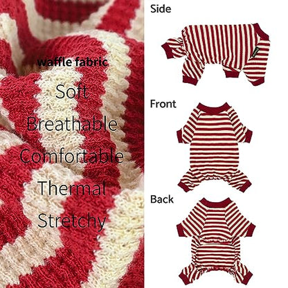 Fitwarm Red and White Striped Dog Pajamas, Waffle Dog Clothes for Small Dogs Girl Boy, Puppy Onesie with Feet, Pet Christmas Outfit, Small - color: Red, size: Small