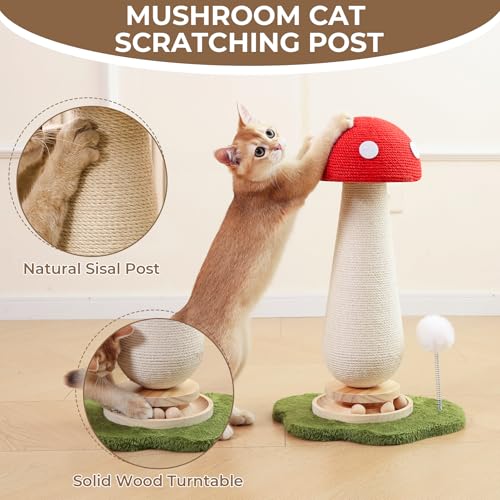 Mushroom Cat Scratching Post with Interactive Ball Track Spring Ball Cat Toys, 21.2" Cat Sisal Scratcher Tree for Indoor Cats, Red - color: Red