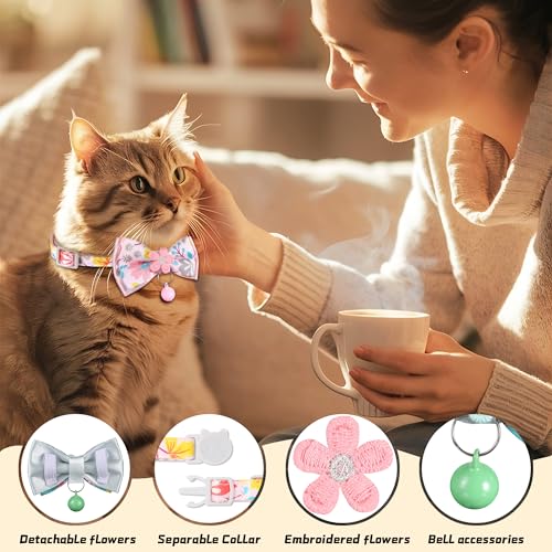 Cat Collar Breakaway, HYQHYX Floral Kitten Collar with Bell, Cute Cat Collar with Bow for Girl Boy Removable Bowtie - color: Pink + Purple + Green