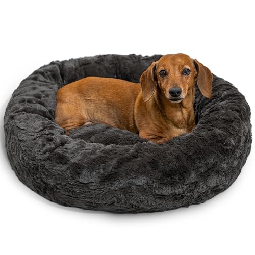 Best Friends by Sheri The Original Calming Donut Dog Bed for Small Dogs up to 25 lbs, Lux Faux Fur, Mink Dark Gray, 23" x 23" - color: Mink Lux, size: Small