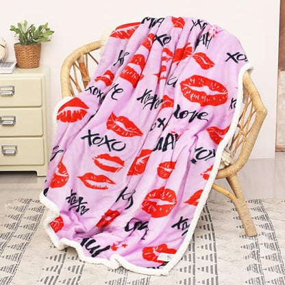 Catalonia Lips Print Sherpa Fleece Throw Blanket, Soft Mink Plush Couch Blanket, Fuzzy Fluffy Comfy Warm Throws, Comfort Caring Gift, 50x60 inches - color: Kiss Hot Pink, size: 50"x60"