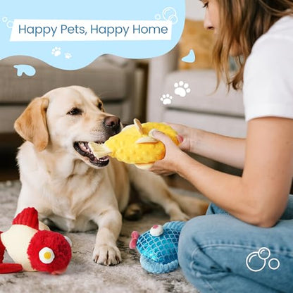 Nocciola Tough Dog Toys, Squeaky Dog Toys to Keep Dogs Busy with Two Resistant Layer & Crinkle Sound, Googly Eyed Fish Gang Puppy Teething Toys for Small, Medium, Large Breeds - color: 3 Different Fish, size: Googly Eyed Fish Gang