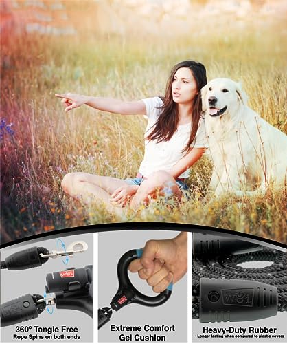 WIGZI Luna Dog Leash with Rechargeable LED Light No Batteries, Detachable Light, Liquid Filled Gel Comfort Handle, Reflective Heavy-Duty Rope, 6 Ft Length up to 200lb Dog, Black Color
