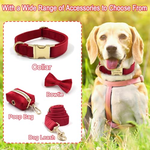 Personalized Custom Dog Collar with Engraved ID Tag Name Plate & Phone Number Customized Soft Velvet Cat Collar Quick Release Metal Buckle, Leash, Bowtie, Poop Bag Available for Small Medium Large Pet
