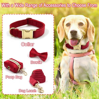 Personalized Custom Dog Collar with Engraved ID Tag Name Plate & Phone Number Customized Soft Velvet Cat Collar Quick Release Metal Buckle, Leash, Bowtie, Poop Bag Available for Small Medium Large Pet