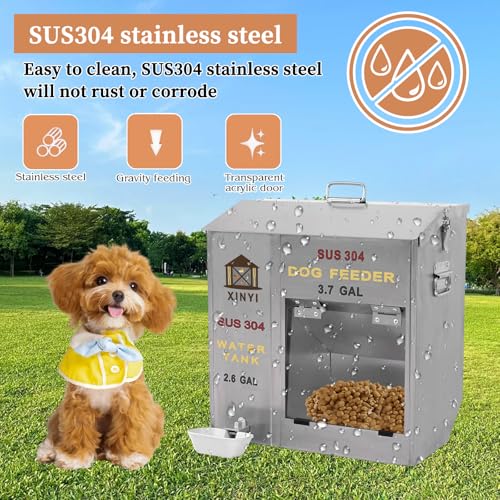 Xinyi Stainless Steel Dog Feeder and Waterer 2-in-1, Gravity Dog Feeder, Aluminum Alloy Water Cup, Automatic Feeder Waterpoof and Sturdy, Transparent Acrylic Observation Window, 3.7 Gallon