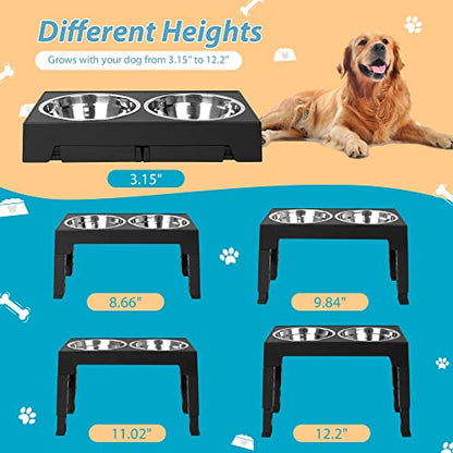 Niubya Elevated Dog Bowls with 2 Stainless Steel Dog Food Bowls, Raised Dog Bowl Adjusts to 5 Heights (3.15", 8.66", 9.84",11.02", 12.2") for Small Medium and Large Dogs - color: Black