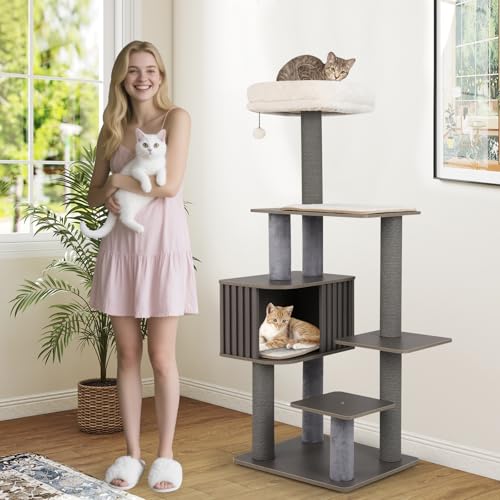 PETSITE 59.5 Inches Modern Cat Tree, Multi-Level Cat Tower with Scratching Posts, Large Condo with Removable Pad, Cushioned Soft Top Perch, and Interactive Dangling Ball (Grey) - color: Grey