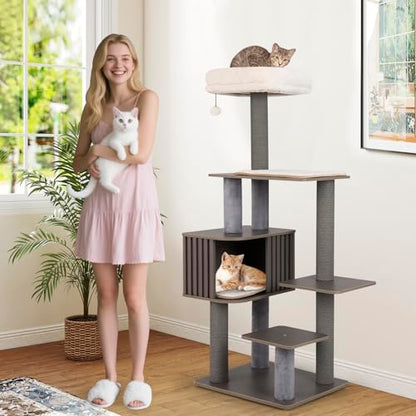PETSITE 59.5 Inches Modern Cat Tree, Multi-Level Cat Tower with Scratching Posts, Large Condo with Removable Pad, Cushioned Soft Top Perch, and Interactive Dangling Ball (Grey) - color: Grey