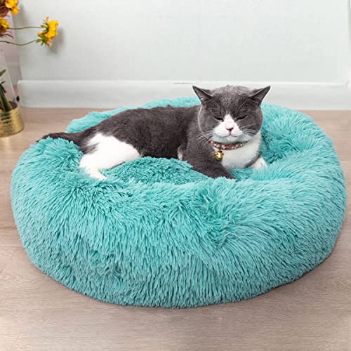 Cat Beds for Indoor Cats - Cat Bed Washable 20/24 inches, Dog Beds for Small Medium Dogs, Anti Anxiety Round Fluffy Plush Faux Fur Pet Bed, Thick Bottom (Blue, Medium) - color: Blue, size: Medium