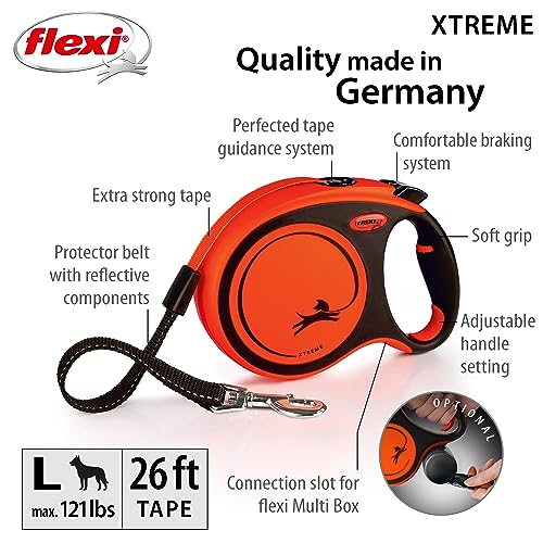 FLEXI Xtreme Tape Retractable Dog Leash for Large Dogs Upto 121 lbs. – 26 ft., Orange/Black | Tangle Free Pet Walking Leash with One-Handed Brake, Pause, Lock | German Quality Product