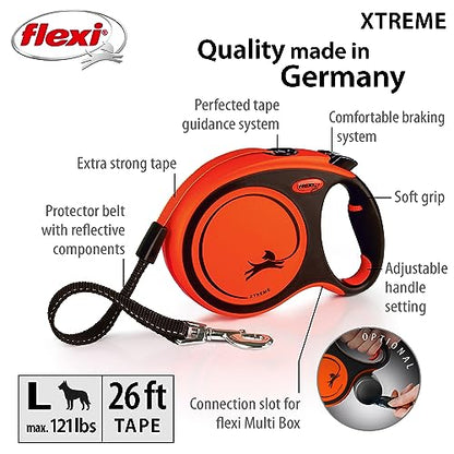 FLEXI Xtreme Tape Retractable Dog Leash for Large Dogs Upto 121 lbs. – 26 ft., Orange/Black | Tangle Free Pet Walking Leash with One-Handed Brake, Pause, Lock | German Quality Product