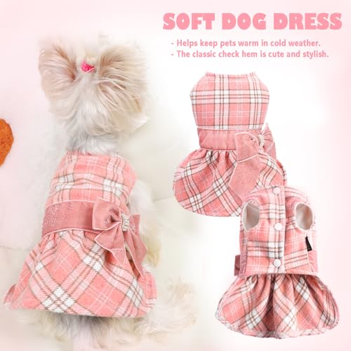 Dog Sweater Dress,Fleece Lining Plaid Dog Dress Sequins Bow-Knot Winter Dog Clothes Girl Pet Clothes Sweater Dresses Coats Cat Outfits XS,Pink - color: Plaid Pink, size: X-Small (Chest 14.2 in)