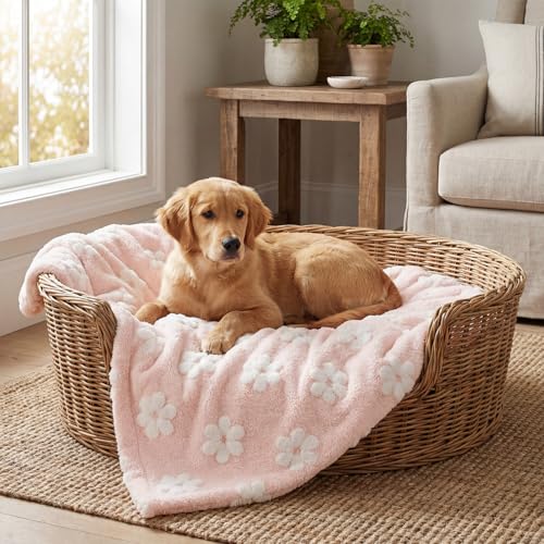 Horaldaily Pets Flannel Blanket, Pink Flowers 3D Textured Soft Fuzzy Fluffy Plush Cozy Fleece Premium Blankets for Dog Cat Puppy Kitten Couch Protection, 16x23 - color: Pink, size: 16''x23'',Small