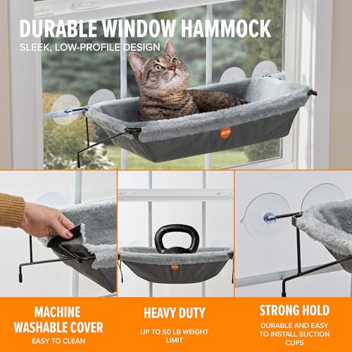 K&H Cat Window Perch EZ Mount Window Hammock - Sturdy Kitty Sill Seat, Strong Suction Cups, Metal Frame, Space-Saving Cord-Free Design, Cozy Sunbathing Bed for Large Indoor Cats, Holds 50 lbs