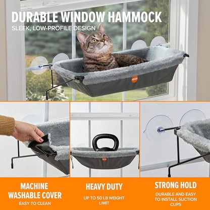 K&H Cat Window Perch EZ Mount Window Hammock - Sturdy Kitty Sill Seat, Strong Suction Cups, Metal Frame, Space-Saving Cord-Free Design, Cozy Sunbathing Bed for Large Indoor Cats, Holds 50 lbs