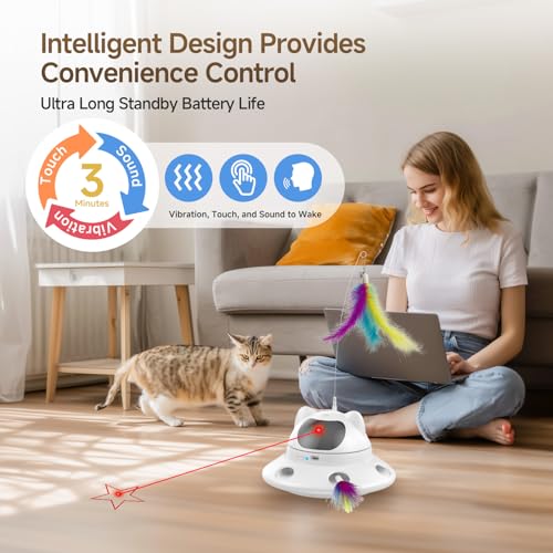 Cat Laser Toy, Automatic 3in1 Interactive Laser Pointer Toy for Indoor Cats, 5 Adjustable Red Lazer Light Pattern, Smart Sensor Auto Cat Feather Wand Kitten Toy, Keep Busy Chase Play, USB Rechargeable