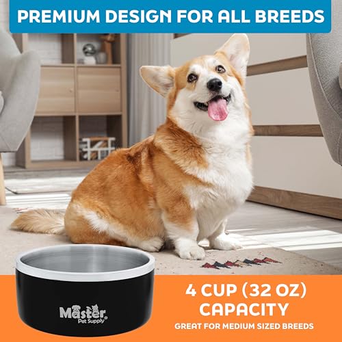 Master Pet Supply Stainless Steel Dog Bowls - 32 oz, Heavy Duty - Black Velvet, Double Wall Extra-Thick Insulated, Non-Slip Pet Water Bowl for Dogs, Cats & Pets, Anti Rust Metal, Dish Washer Safe - color: Black Velvet, size: 4 Cups (32 oz)