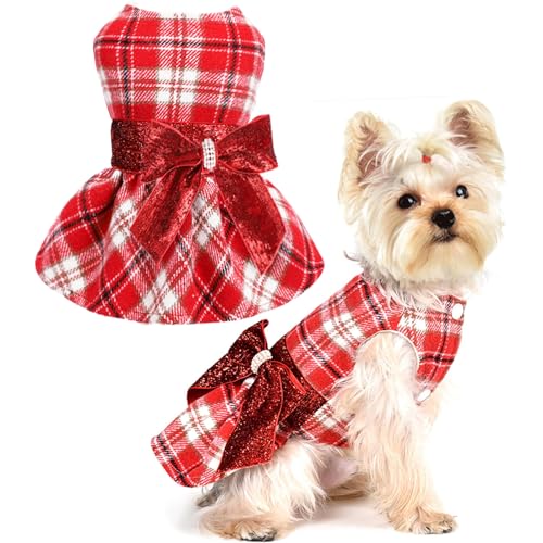 Dog Sweater Dress,Red Plaid Dog Dress Winter Clothes for Small Dogs Girl Fancy Sequin Puppy Fleece Lining Sweater Pet Coat Cat Apparel, XXS - color: Plaid Red, size: XX-Small (Chest 11.8 in)