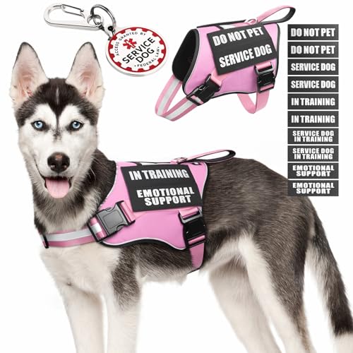 Service Dog Vest Harness+ID Tag+10 Patches,Metal Serivce Dog Tag&Reflective Emotional Support Dog Vest with Handle for Medium Dogs,Easy Put On/Off for Training/Walking/Everyday Pink M - color: Pink, size: M