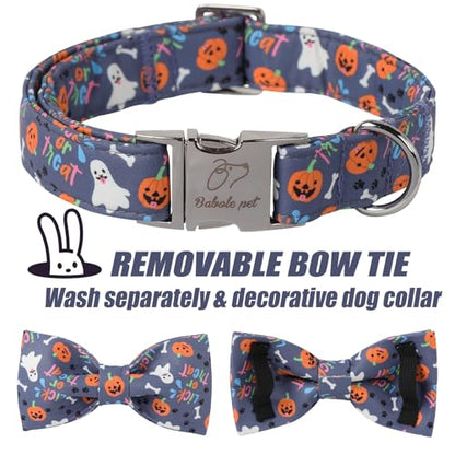 Halloween Dog Collar with Bow Tie - Cute Ghost Pumpkin Halloween Puppy Collar, Adjustable Metal Buckle Holiday Bowtie Dog Collars for Small Medium Large Dogs L - color: B-Navy Ghost Pumpkin, size: L