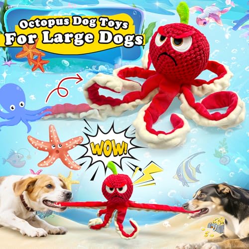 Jeefome Squeaky Dog Toys Octopus -Plush Stuffed Dog Chew Toys with Soft Fabric for Small Medium and Large Dogs,Interactive Tug of War Puppy Toys to Keep Them Busy - style: Apple Octopus