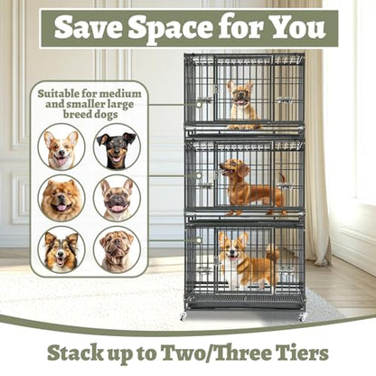 Heavy Duty Dog Crate 36 Inch, Stackable Dog Crate Cage Kennel for Breeders & Groomers, Drop Cages for Medium Dogs with 4 Wheels, 2 Bowls, Easy to Clean Grids & Tray - size: 36"L x 22.5"W x 29"H