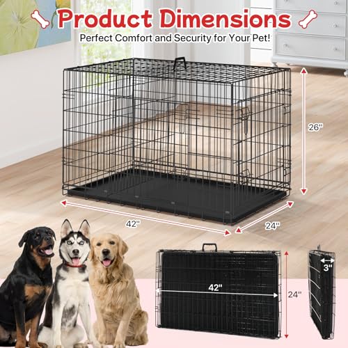 42 Inch Dog Crate Dog Cage with Double Door & Carrying Handle - Large Metal Dog Crates Dog Kennel with ABS Tray for Large Dog, Foldable & Portable Perfect for Indoor & Outdoor, Black ﻿