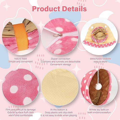BWOGUE Bunny Tunnel Bed, 2-in-1 Collapsible Tunnel Tubes Toys with Removable Mat Hideout for Cats Kittens Rabbits Guinea Pigs Kitty - color: Pink