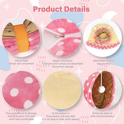 BWOGUE Bunny Tunnel Bed, 2-in-1 Collapsible Tunnel Tubes Toys with Removable Mat Hideout for Cats Kittens Rabbits Guinea Pigs Kitty - color: Pink