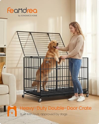 Feandrea Heavy-Duty Dog Crate, 5-Minute Quick Assembly, Foldable Dog Kennel Cage with Lockable Wheels, Double Doors, Escape Proof Fixed Bottom, Removable Tray, Easy to Clean, Ink Black, 48 Inch - size: 48.0"L x 29.5"W x 34.6"H