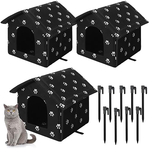 Soaoo 3 Pcs Cat Houses for Outdoor Stray Cats Shelter Weatherproof Outside House Indoor Foldable Pet Cave with Tent Stakes for Wild Animal Dogs(Paw Style) - style: Paw Style
