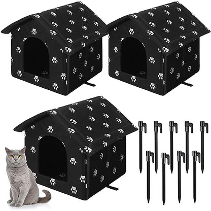 Soaoo 3 Pcs Cat Houses for Outdoor Stray Cats Shelter Weatherproof Outside House Indoor Foldable Pet Cave with Tent Stakes for Wild Animal Dogs(Paw Style) - style: Paw Style