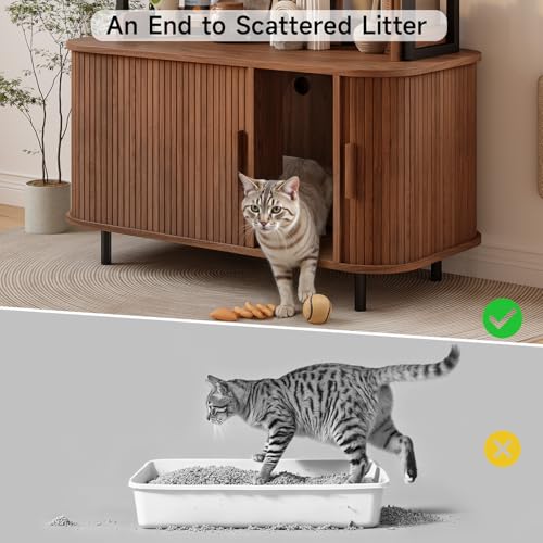 ONBRILL 54 Inch Hidden Litter Box Furniture with Shelves and Outlets,Fluted Cat Litter Box Enclosure, Mid-Century Modern Wooden Cat House with Sliding Tambour Door and Hooks, Walnut - color: Walnut