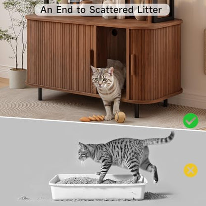 ONBRILL 54 Inch Hidden Litter Box Furniture with Shelves and Outlets,Fluted Cat Litter Box Enclosure, Mid-Century Modern Wooden Cat House with Sliding Tambour Door and Hooks, Walnut - color: Walnut