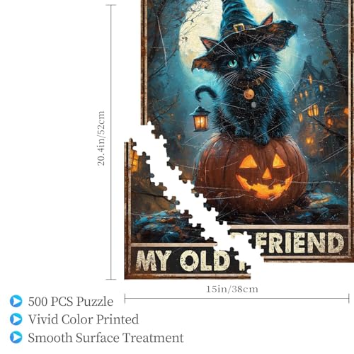 500 Pieces Jigsaw Puzzles for Adults, Hello Darkness My Old Friend Black Cat Halloween Art Puzzle, Stress Relief Logical Thinking Brain Teaser Puzzle 20.4x15 Inch - color: Wooden Puzzle12, size: 500 Piece pcs