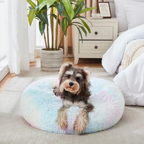 WESTERN HOME WH Calming Dog & Cat Bed, Anti-Anxiety Donut Cuddler Warming Cozy Soft Round Bed, Fluffy Faux Fur Plush Cushion Bed for Small Medium Dogs and Cats (20"/24"/27"/30") - color: Rainbow, size: 24.0"L x 24.0"W x 7.0"Th