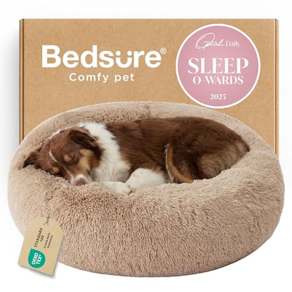 Bedsure Calming Dog Beds Large Sized Dog - Donut Washable Large Pet Bed, 36 inches Anti-Slip Round Fluffy Plush Faux Fur Dogs Bed, Fits up to 80 lbs Pets, Camel - color: Camel, size: 36"L x 36"W x 10"Th