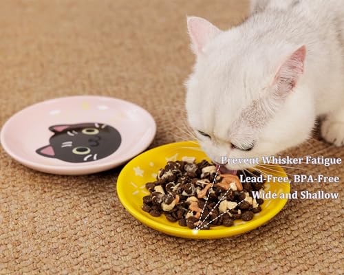 Ceramic Shallow Cat Dish 6 inch, Whisker Fatigue Free Cat Food Bowls, Wide and Small Pet Plate for Kitten and Kitty, Cat Design Gift for Cat Lovers - color: Cat Design A