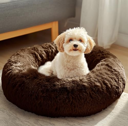 JOLLYVOGUE Dog & Cat Bed, Calming Anti-Anxiety Pet Bed for Small Dogs, Fluffy Donut Cushion for Small and Medium Pets (23") - color: Coffee, size: 23"