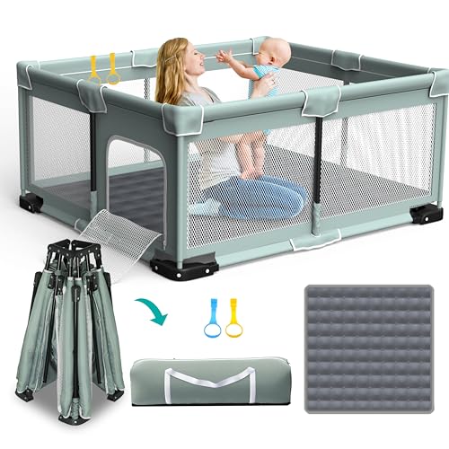 ICAREWAY Foldable Playpen for Babies and Toddlers, 71"x59" Inches Portable Playpen with Mat, Kids Collapsible Play Pen with 2 Handlers, Indoor & Outdoor Baby Play Area with Visible Mesh (Light Green) - color: Light Green, size: 71"x59"
