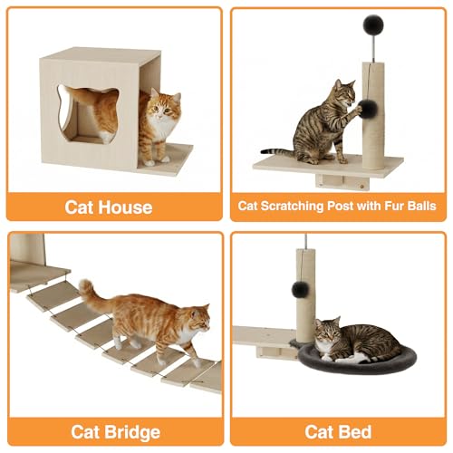 Cat Wall Shelves, Modern Wall-Mounted Cat Furniture Includes House, Bridge, Steps, Scratcher, Perch & Lounge for Indoor Cats, Space-Saving Wall Mounted Cat Shelves for Play & Rest - size: 6-in-1 Cat Shelves