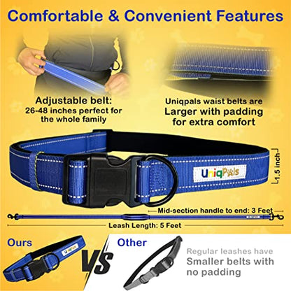 Hands-Free Leash for Small to Large Dogs 5ft - Heavy Duty Adjustable Waist Belt, Padded Handles, Reflective Stitching, Satin Carry Bag for Walking, Running, Hiking - color: Blue/Yellow
