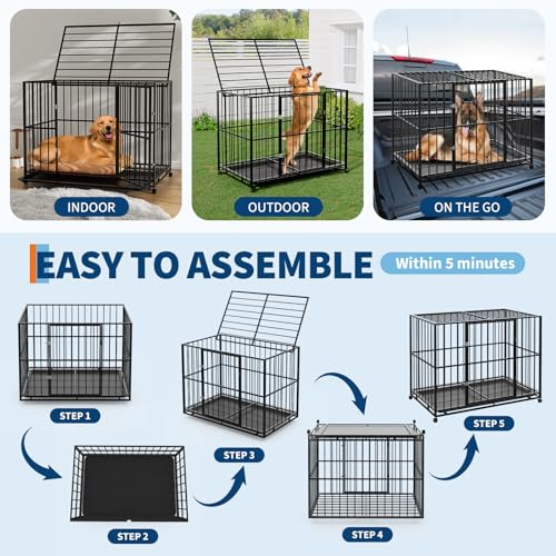 Heavy Duty 48 Inch Dog Crate for Large Sized Dogs, Indestructible Stainless Steel Escape Proof Dog Kennel Indoor with Lockable Wheels and Removable Tray, Stackable Dog Cage for High Anxiety Dogs - size: 48 inch