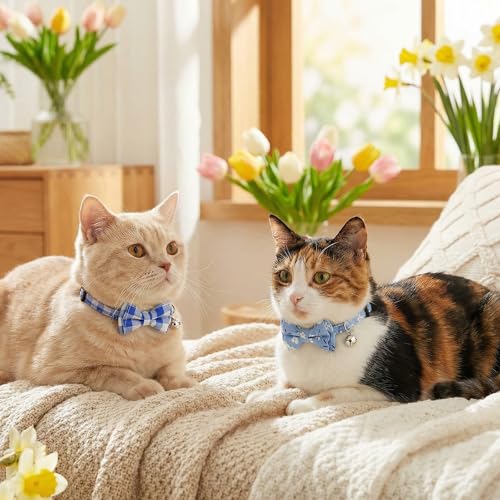 6 Pcs Spring Cat Collar Breakaway with Bow Tie and Bell Kitten Collars Removable Bowtie Plaid Flower Cat Collar for Cats Kittens Puppy (Flower) - style: Flower