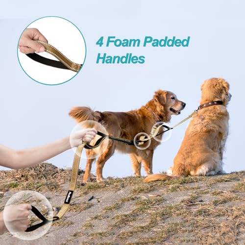 Double Dog Leash, No Tangle Dual Leash, Reflective Walking Training Lead, 4 Comfortable Padded Handles for 2 Dogs with Collapsible Bowl and Waste Bags (Light Khaki, Large) - color: Light Khaki
